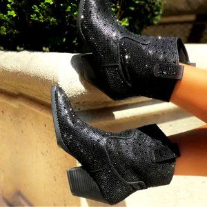 NEW🔥 Rhinestone Embellished Cowboy Cowgirl Western Ankle Booties Boots Pull-On